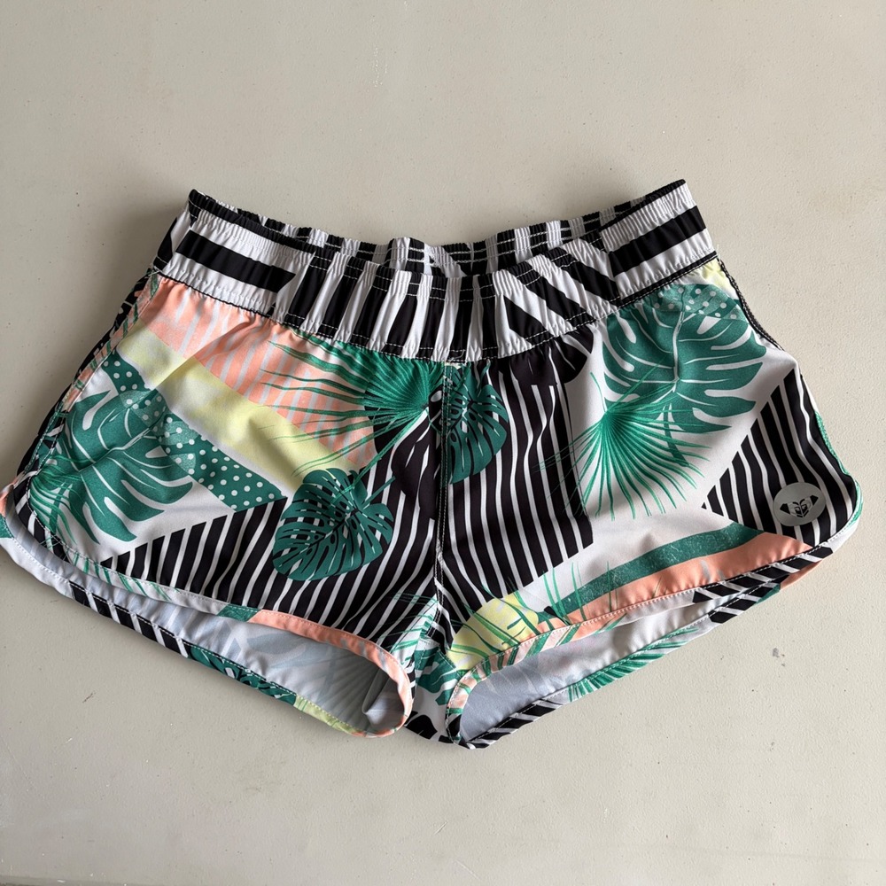 Roxy Black White Tropical Striped Board 2" Shorts Swim Shorts M